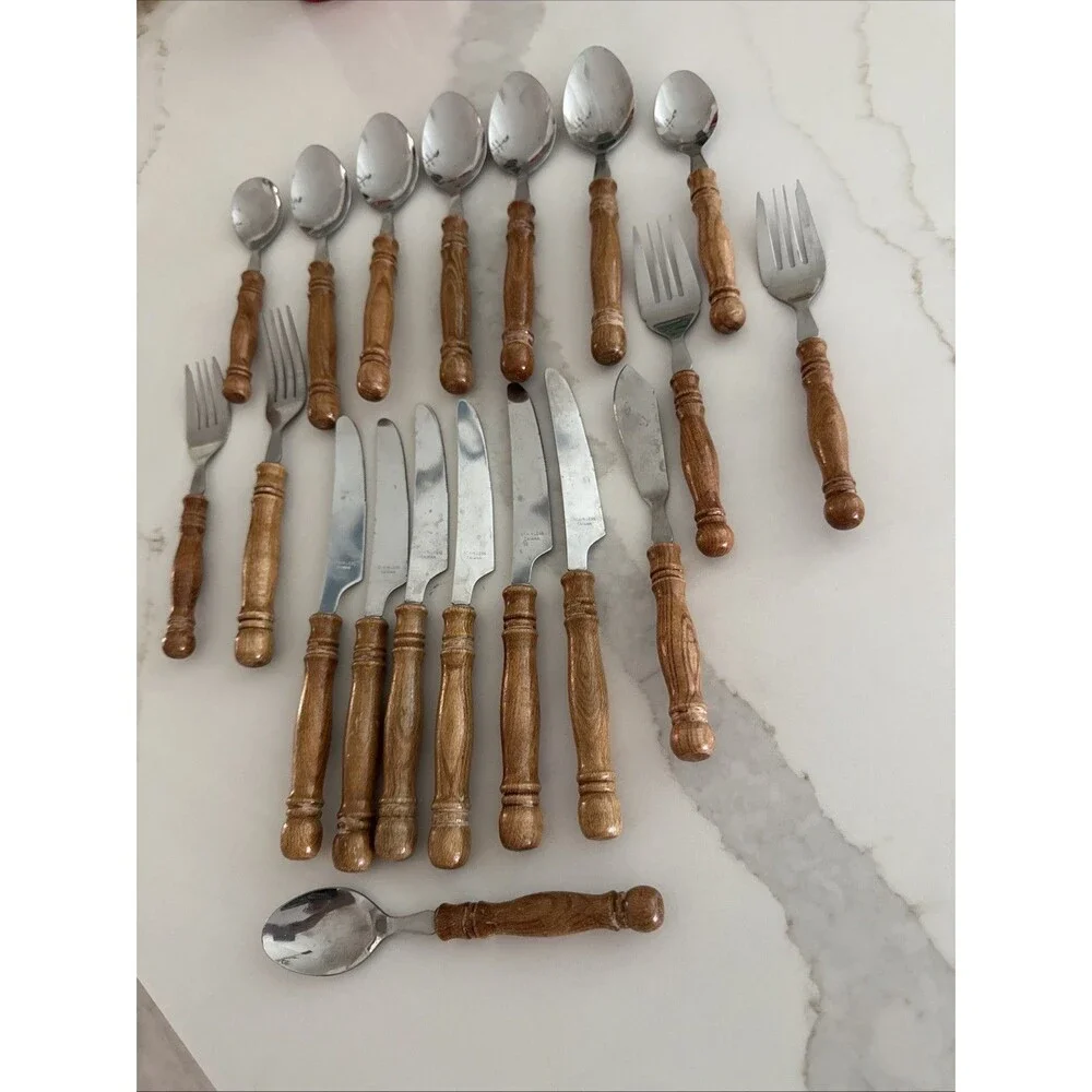 Wood Handle Cutlery Set Stainless Steel Flatware 19-Piece Replacement